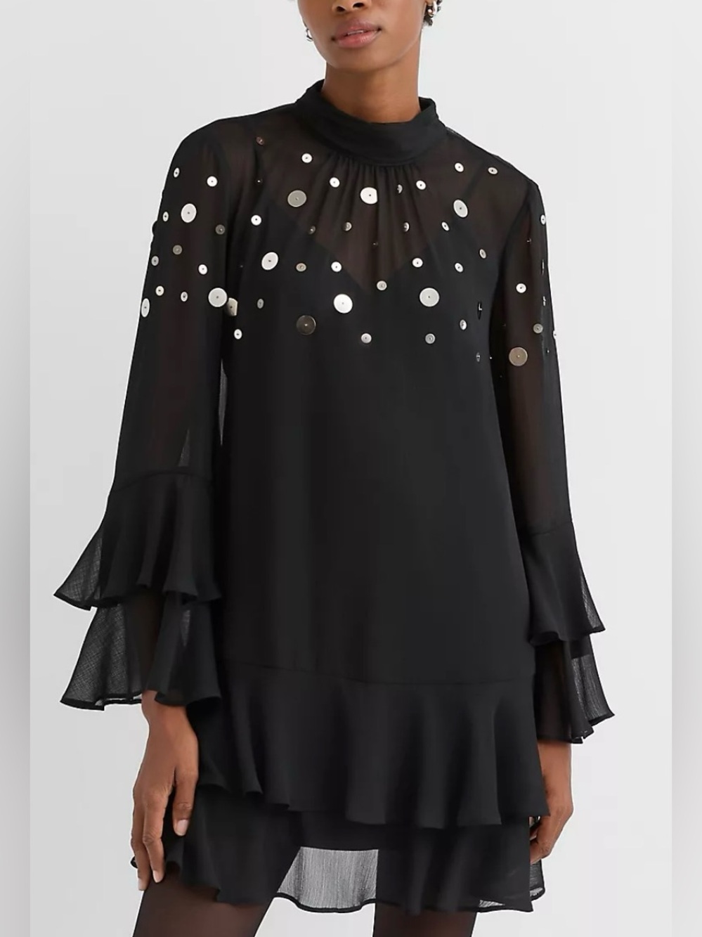 LOFT Black Sheer Long Sleeve Sequin Tiered Ruffle Dress